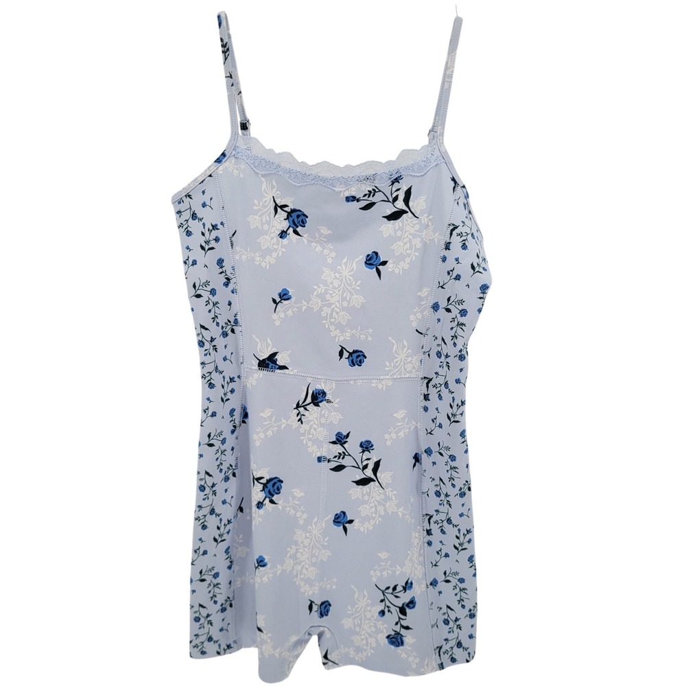 Wild Fable ButterBliss Blue Floral Lace Trim Bodysuit Romper Small NEW